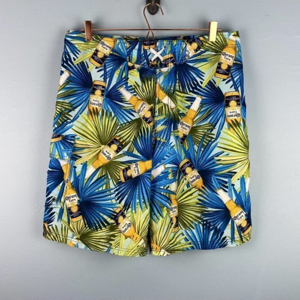 Corona Blue, Yellow & Green Tropical Palm Print Men's Swim Board Shorts
